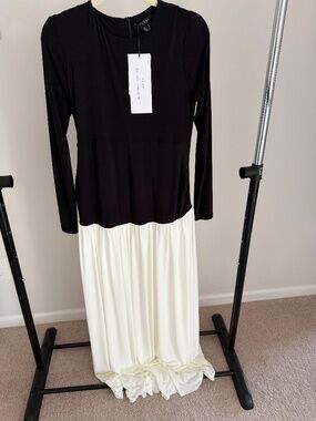 CLUB L BLACK AND WHITE CREW-NECK MATERNITY MAXI DRESS WITH DROP-WAIST